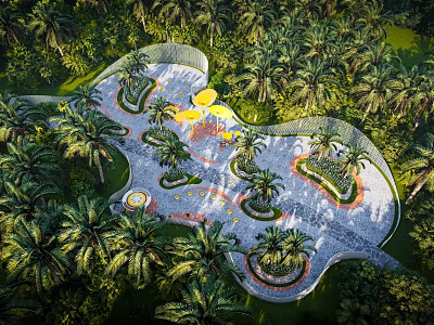 Tropical Park Landscape With Winding Pathways Circular Beds Palm Trees Yellow Accents And Lush Greenery 3d model