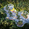 Tropical Park Landscape With Winding Pathways Circular Beds Palm Trees Yellow Accents And Lush Greenery
