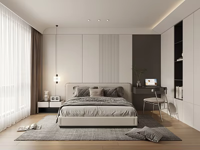Modern Bedroom Interior With Bedside Tables Curtains Carpet Desk And Pendant Light 3d model