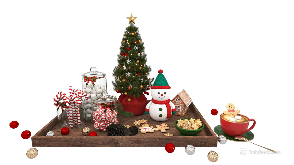 Christmas Themed Decorative Ornament Set Including Tree Candy Jars Snowman Figurine Cookies Wooden Tray 3d model 