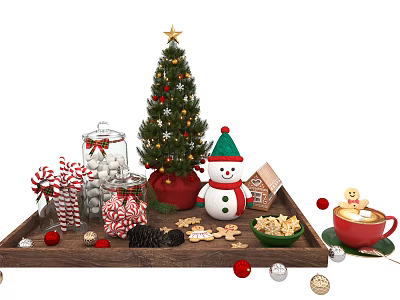 Christmas Themed Decorative Ornament Set Including Tree Candy Jars Snowman Figurine Cookies Wooden Tray 3d model
