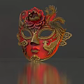 Red And Gold Traditional Mask With Floral Decorations Phoenix Pattern Intricate Carvings