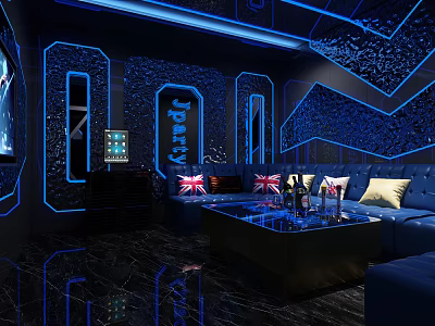 Modern KTV Lounge With Blue Lighting Sofa Coffee Table Wine Bottles And Union Jack Cushions 3d model