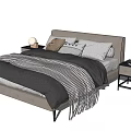 Modern Double Bed with Light Gray Headboard Gray Bedding Checkered Blanket and Side Tables 3d model