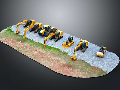 Yellow Construction Machinery Models Display On Grass And Gravel Ground Scene 3d model
