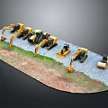 Yellow Construction Machinery Models Display On Grass And Gravel Ground Scene
