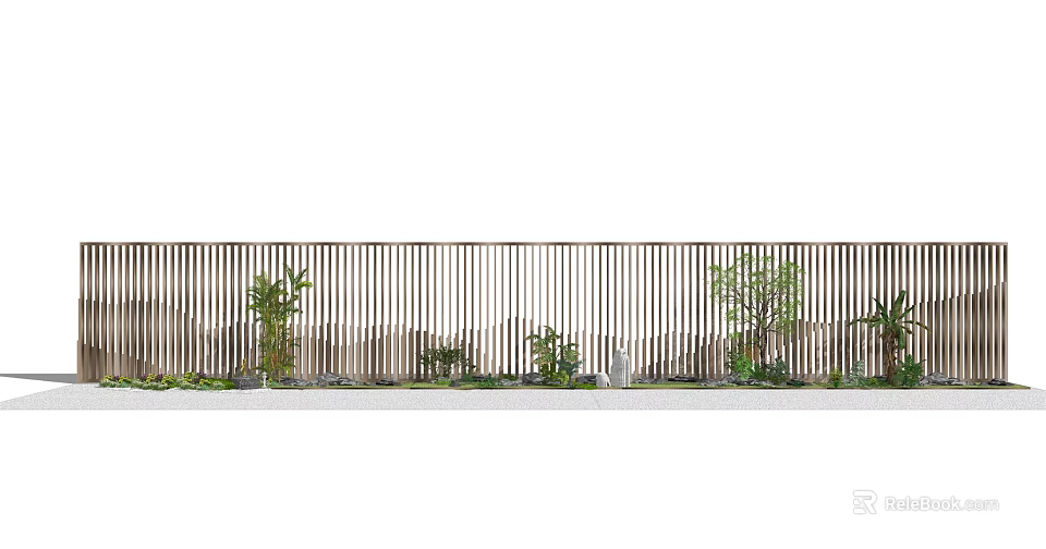 Garden Decorative Scene with Wooden Slat Fence and Assorted Small Plants Accents 3d model 