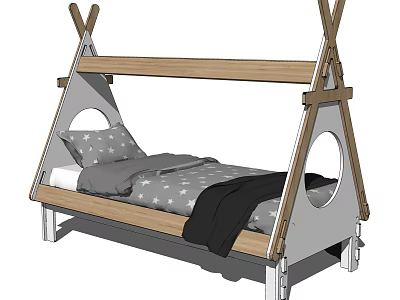 Teepee Style Kids Bed With Wooden Frame Gray Mattress And Star Patterned Pillow 3d model