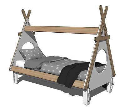 Teepee Style Kids Bed With Wooden Frame Gray Mattress And Star Patterned Pillow 3d model