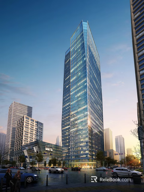 Modern Tall Residential Building with Glass Curtain Wall in Urban Skyline View 3d model 