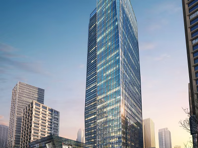 Modern Tall Residential Building with Glass Curtain Wall in Urban Skyline View 3d model