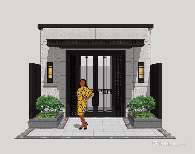 Modern Entrance Gate Design With Glass Double Doors Black Frame And Side Potted Plants 3d model 