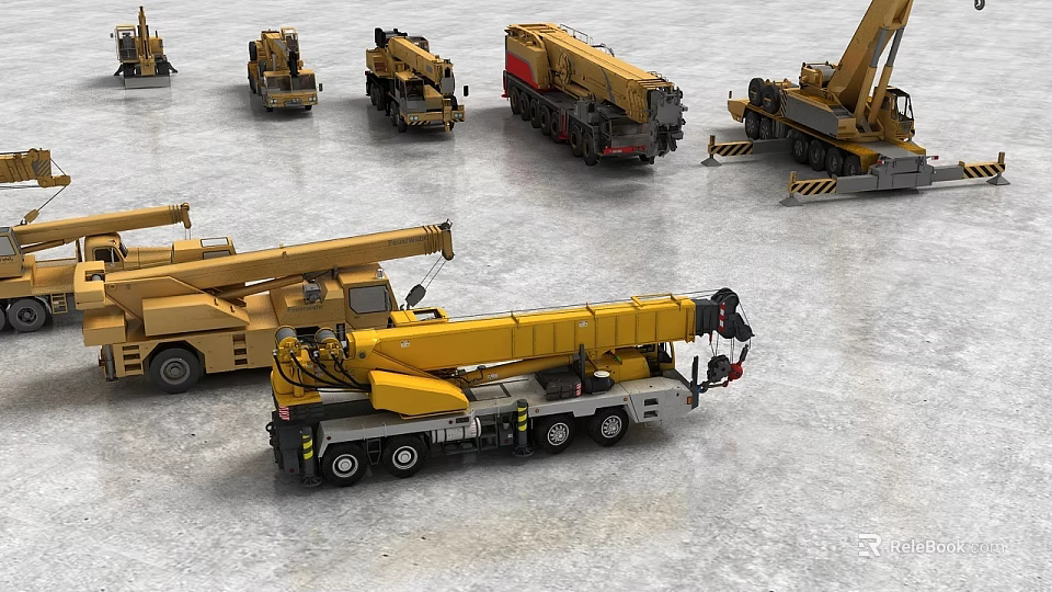 Multiple Yellow Heavy Duty Construction Vehicles Including Crane Trucks In Open Yard 3d model