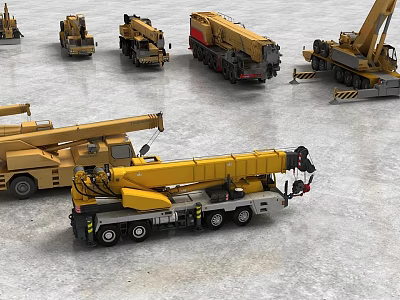Multiple Yellow Heavy Duty Construction Vehicles Including Crane Trucks In Open Yard 3d model