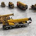 Multiple Yellow Heavy Duty Construction Vehicles Including Crane Trucks In Open Yard 3d model