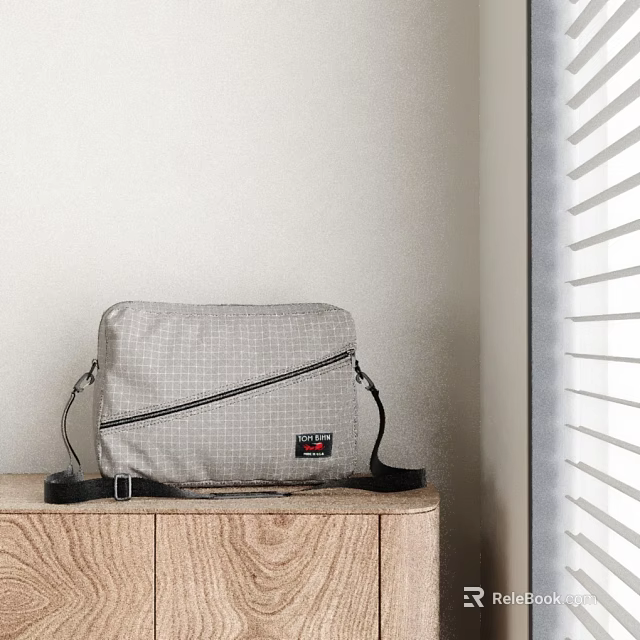 Gray Checkered Crossbody Bag With Black Strap Zipper On Wooden Cabinet By Window Blinds 3d model 