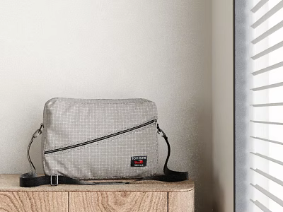 Gray Checkered Crossbody Bag With Black Strap Zipper On Wooden Cabinet By Window Blinds 3d model