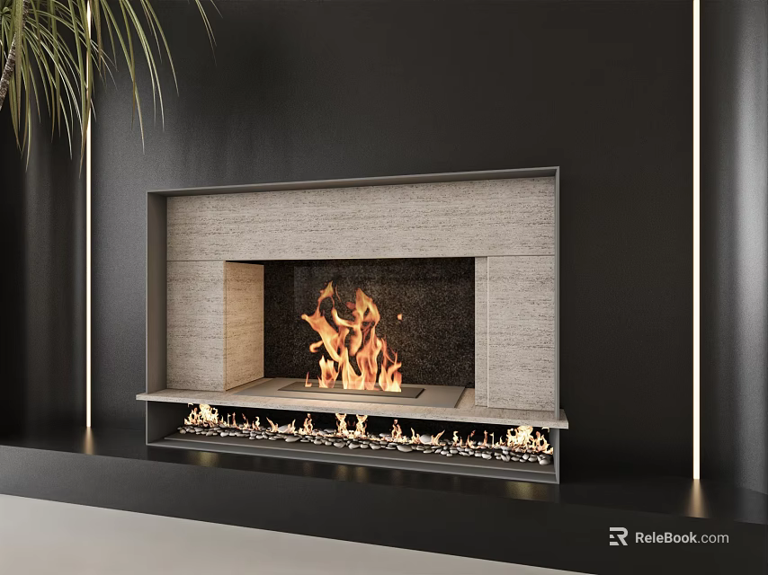 Sleek Modern Fireplace Design With Stone Frame Burning Flames And Palm Plant Near Black Wall 3d model 