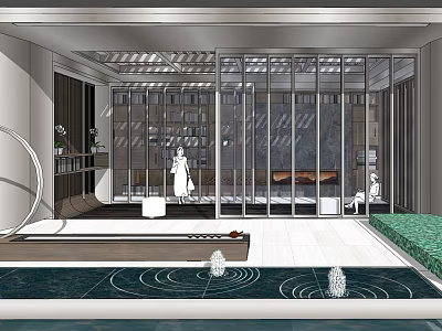 Modern Landscape Pavilion With Glass Walls And Water Fountains In Serene Courtyard 3d model