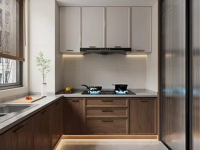 Modern Kitchen Interior With Wooden White Cabinets Gas Stove And Stone Countertop 3d model