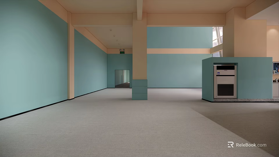 Spacious Fitness Studio With Blue Walls Carpeted Floor And Columns 3d model 