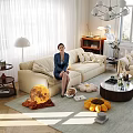 Cozy Modern Living Room Interior With Beige Sofa Moon Shaped Pillow And Orange Decor