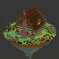Pixel Art Wooden House On Floating Island With Brown Roof Green Trees And Pink Tower