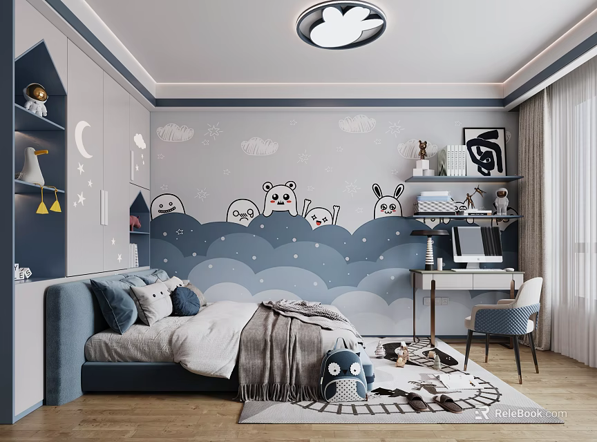 Kids Room Interior With Cloud Animal Wall Art Bed Bookshelf Desk And Cloud Ceiling Light 3d model 