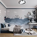 Kids Room Interior With Cloud Animal Wall Art Bed Bookshelf Desk And Cloud Ceiling Light