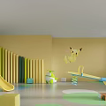 Kids Playroom Interior With Slide Seesaw Pikachu Figure Colorful Pillars And Yellow Walls