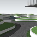 Modern Landscape Architecture With Curved Green Lawns Paved Ground And Glass Building Background
