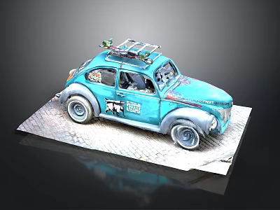 Blue Beetle Car Model With Roof Rack On Display Base And Decorative Details 3d model