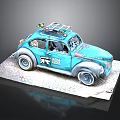 Blue Beetle Car Model With Roof Rack On Display Base And Decorative Details