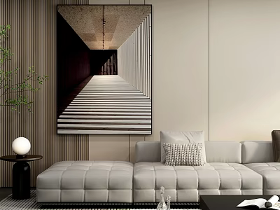 Modern Living Room With Gray Sofa Abstract Stripe Painting White Spherical Lamp And Green Plant 3d model