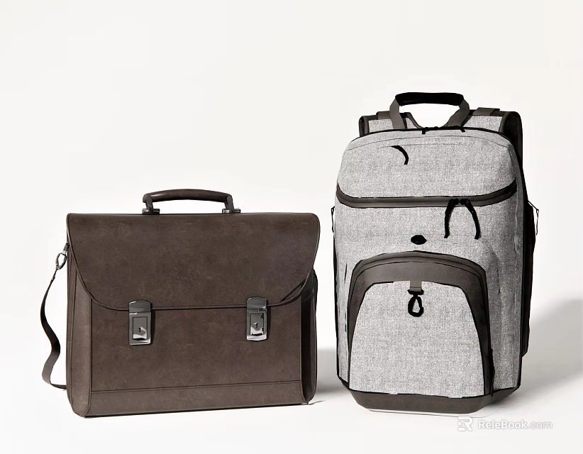 Stylish Brown Briefcase and Gray Backpack with Functional Design for Daily Use 3d model