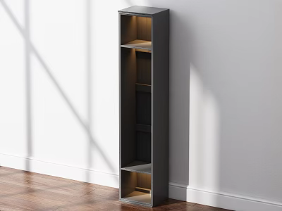 Modern Dark Gray Storage Cabinet With Open Shelves Against White Wall And Wooden Floor 3d model