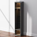 Modern Dark Gray Storage Cabinet With Open Shelves Against White Wall And Wooden Floor
