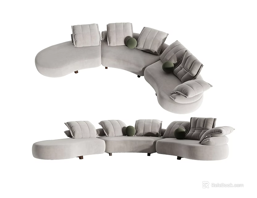 Light Gray Curved Sectional Sofa With Multiple Cushions And Green Throw Pillows 3d model