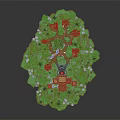 Cartoon Island Scene with Red Roofed Towers Green Palm Trees Stone Structures and Lush Grass