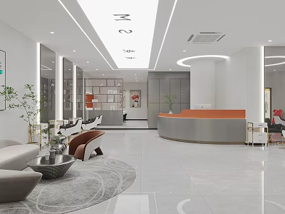 Modern Beauty Hair Salon Front Desk Reception Area With White Tone Sofa And Green Plants 3d model
