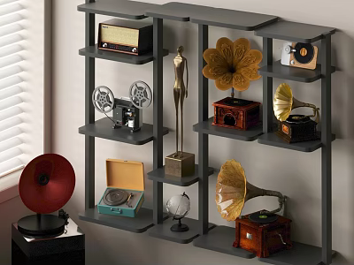 Vintage Sound Systems Display on Grey Shelves with Gramophone Old Radio and Vinyl Records 3d model