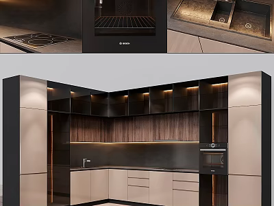 Modern Kitchen Cabinets Featuring Wooden Accents Built In Lighting And Integrated Appliances 3d model