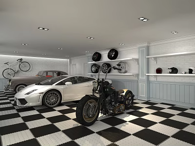 Stylish Parking Garage Interior With Sports Car Motorcycle Bicycle Tires Helmet And Checkered Floor 3d model