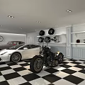 Stylish Parking Garage Interior With Sports Car Motorcycle Bicycle Tires Helmet And Checkered Floor