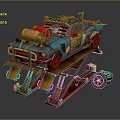 Turquoise Modified Car On Repair Lift With Yellow Engine Parts And Mechanical Tools