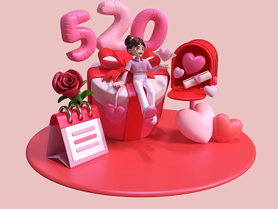 Romantic 520 Check in Photo Spot With Pink Balloons Gift Box Rose And Heart Elements 3d model