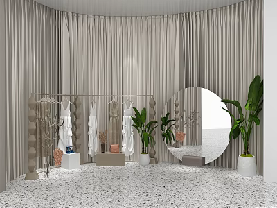 Minimalist Clothing Store Interior With Curved Curtains Hanging Racks Round Mirrors And Green Plants 3d model