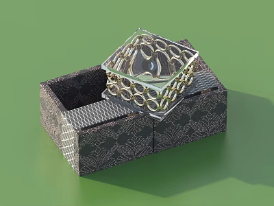 Decorative Ornament Set With Transparent Glass Lid And Gold Ring On Black Patterned Box 3d model