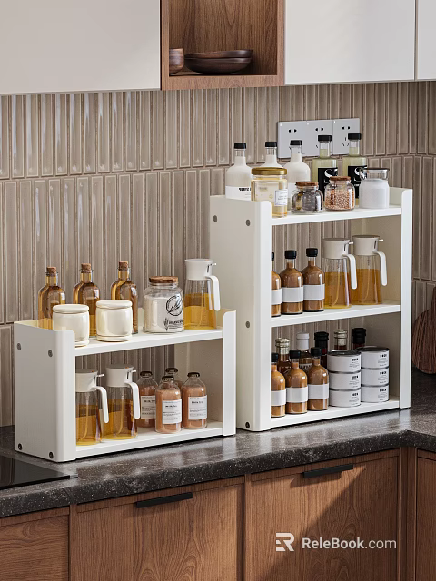 Modern Kitchen Storage With White Shelves Displaying Various Glass Bottles And Jars 3d model 
