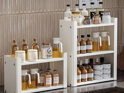 Modern Kitchen Storage With White Shelves Displaying Various Glass Bottles And Jars 3d model
